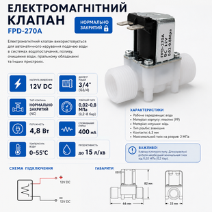 Електромагнітний клапан 12V DC 3/4" нормально закритий, пластиковий  AS003170 фото